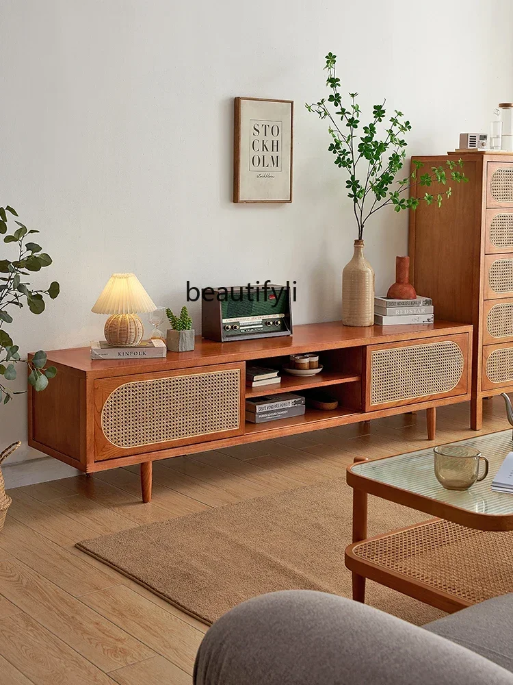 

Cy56 Nordic Rattan Solid Wood Coffee Table TV Cabinet Living Room Ins Style Designer Small Apartment Simple Modern
