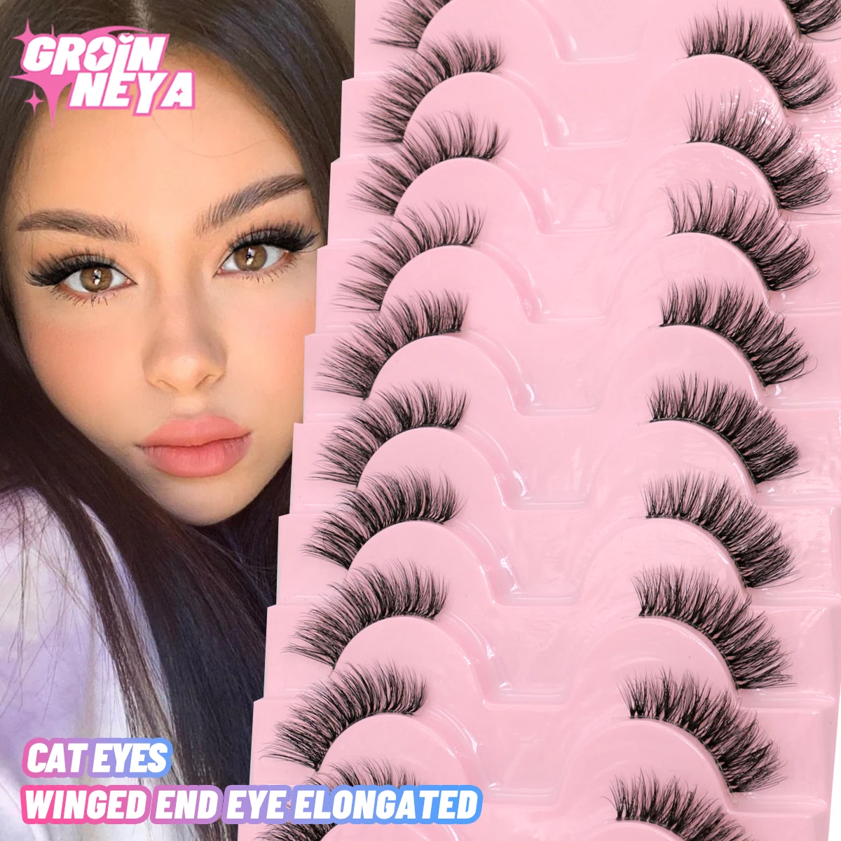 GROINNEYA Half Eey Lashes 10 Pairs New Faux Mink Lashes Natural False Eyelashes Wispy Fluffy Eyelash Extension Makeup