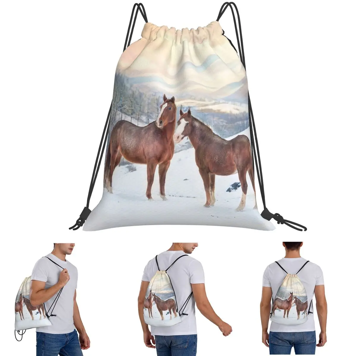Horses With Snow And Sunset Hills Backpacks Multi-function Drawstring Bundle Pocket Shoes Bag Book Bags for Man Woman Students