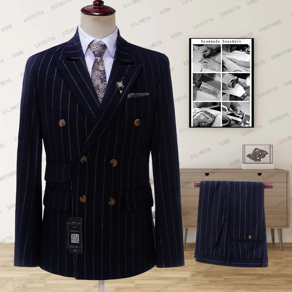 

SILIWEYA 2023 Dark Blue Stripe Men Suits Double Breasted Blazer Latest Coat Pant Designs Slim Fit 2 Piece Tuxedos Custom Made