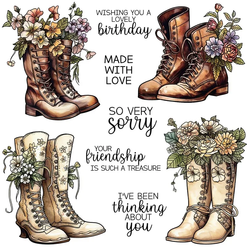 

Прозрачные силиконовые штампы с весенними цветами и женскими ботинками для скрапбукинга, изготовления открыток и декора альбомов