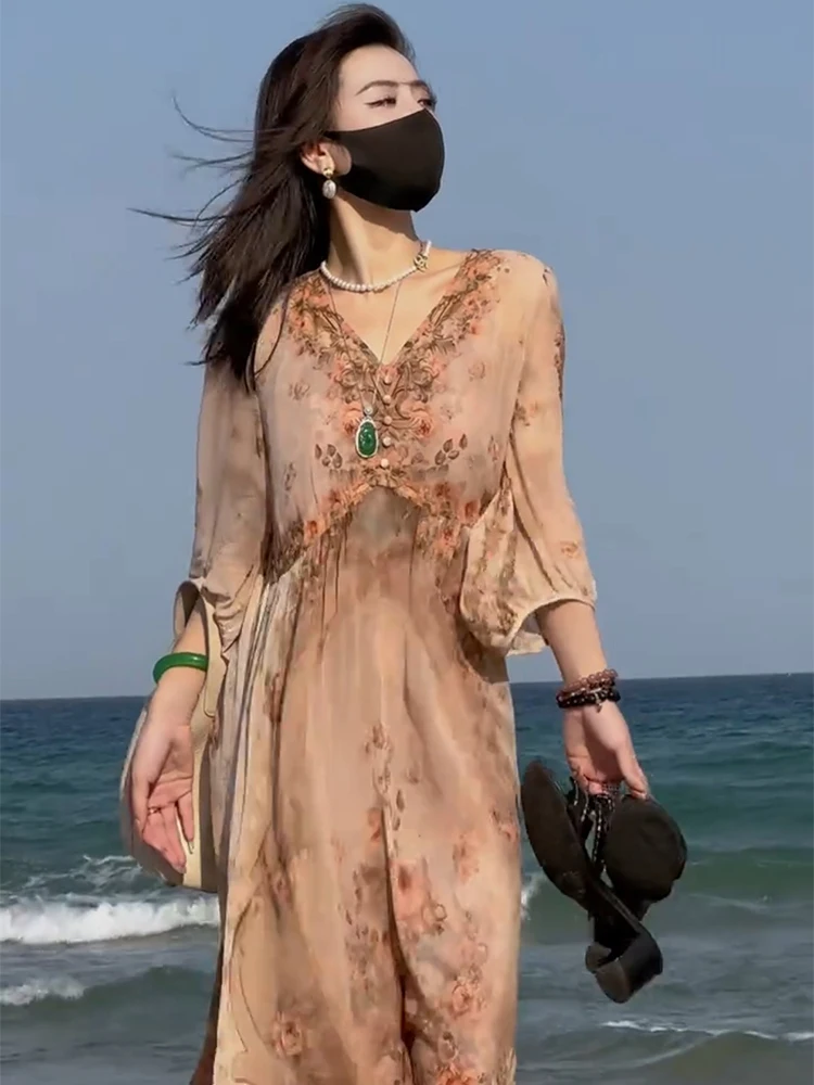 Sommer 2025, lässiges, florales, zweiteiliges Dr-Set für Damen, hohe Taille, A-Linien-Rock, V-Ne, lang, Sve Vaion Sle Dres