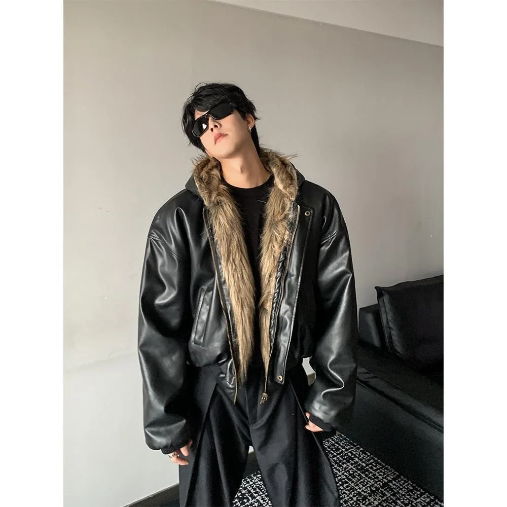 Jaket Musim Dingin Pria Premium Gaya Amerika Berkerudung, Mantel Kulit Tebal Berbulu, Kulit Imitasi Dua Sisi Terpadu, Tren Terbaru