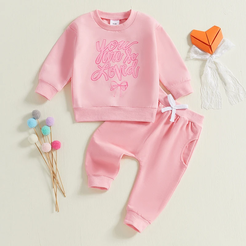 Toddler Girl Fall Outfits Letter Bow Print Long Sleeve Sweatshirt with Long Pants 2 Pcs Set