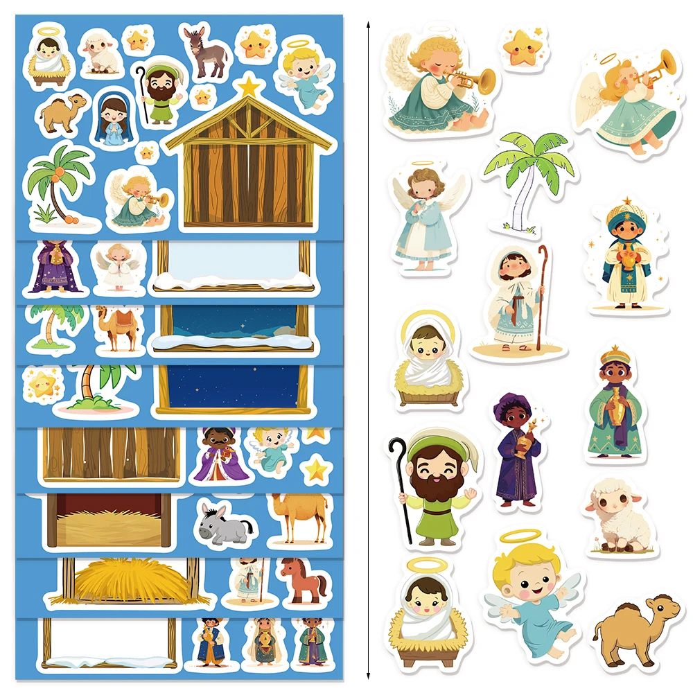 8 Sheets Cartoon Scence Of Jesus DIY Puzzle Stickers Dress Up Game Funny Assemble Stickers Kids Creative Gifts