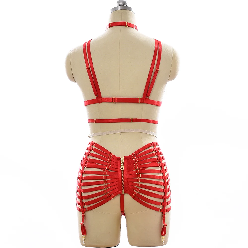 Women Crop Top Harness Cage Bra Bondage Clip Stocking High Waist Belt Leg Garter Elastic G-String Briefs Sexy Lingerie Set