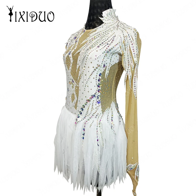 Classic Figure Skating Dress Women's 2023 New Ice Skating Competition Training White Long Sleeve Hand-made Rhinestones Dress