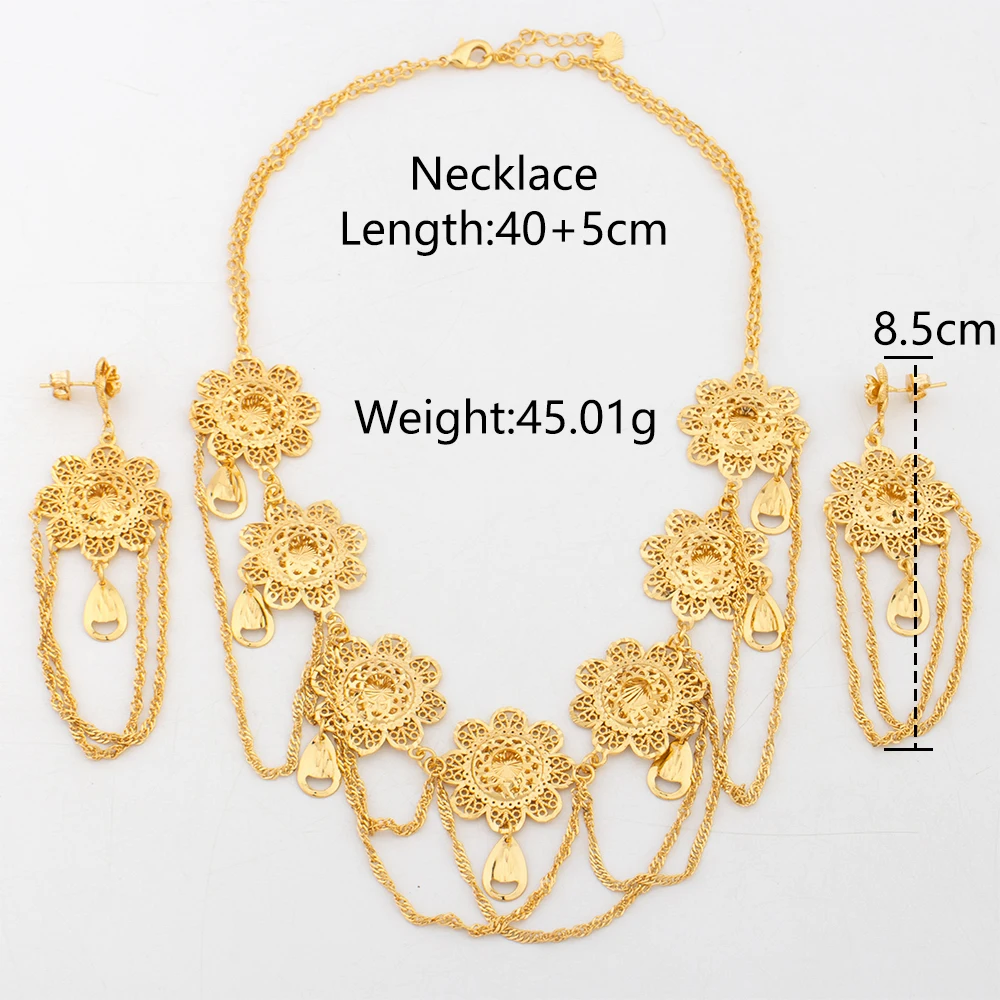 African Luxury Gold Color Jewelry Set for Women Bohemian Classic Tassel Design Earrings Pendant Set Copper Gold Plated Jewelry