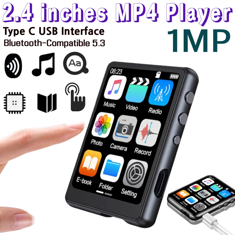 Reproductor MP4 S6 de 2,4 pulgadas, 1MP, interfaz USB tipo C, Compatible con Bluetooth 5,3, compatible con libros electrónicos/grabadores, reproductor de Audio completamente táctil