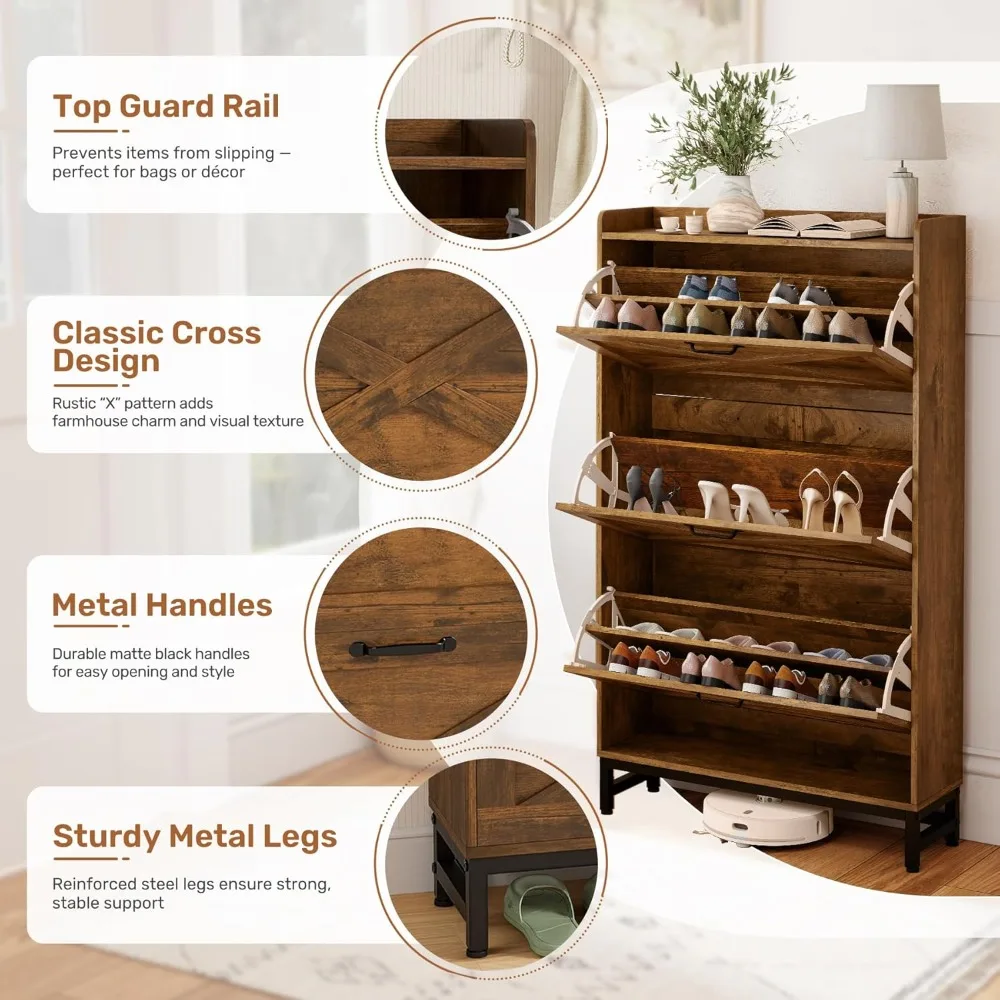 

Rustic Farmhouse Shoe Cabinet for Entryway, Narrow 3 Flip Drawer Shoe Storage Organizer, Customized