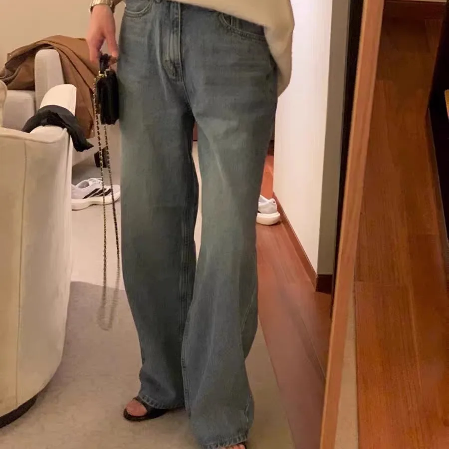 Pantaloni lunghi jeans larghi versatili di base a gamba dritta blu per donna a vita alta slim Sle autunno nuovo arrivo