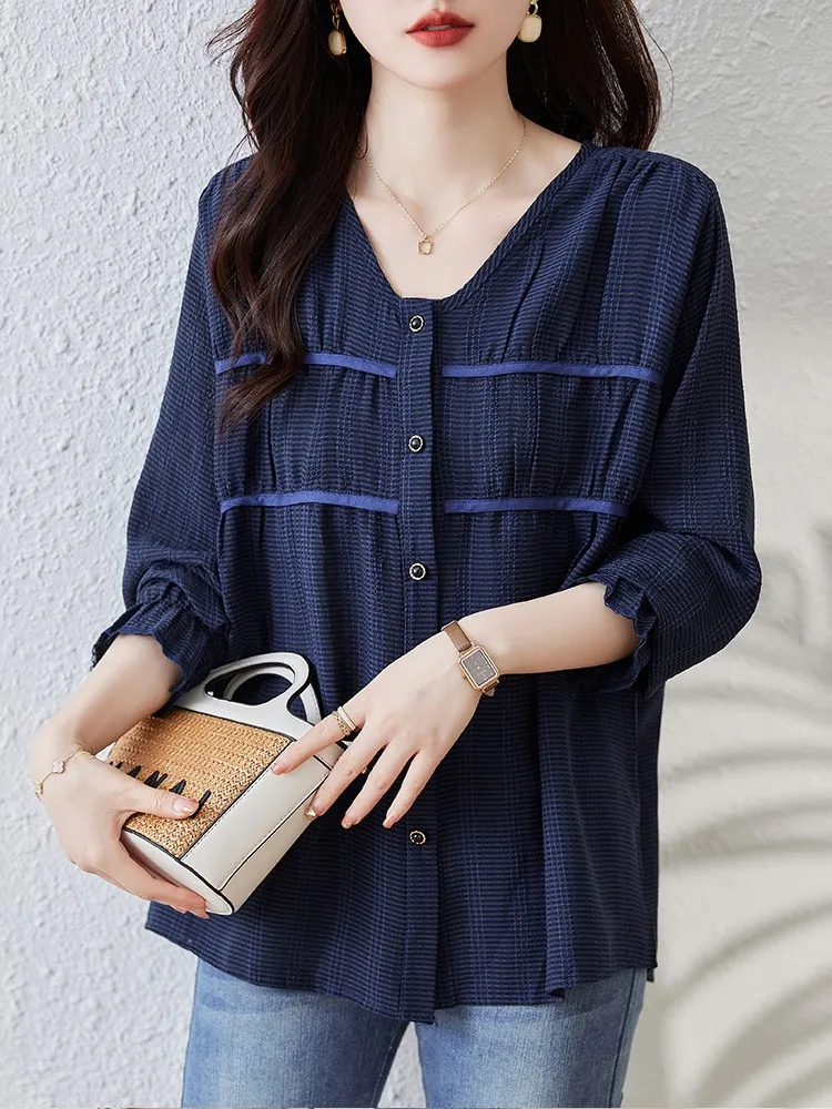 Women Long Sleeve Casual Shirt New Arrival 2024 Spring Korean Style V-neck Solid Color Loose Ladies Elegant Tops Shirts B3247