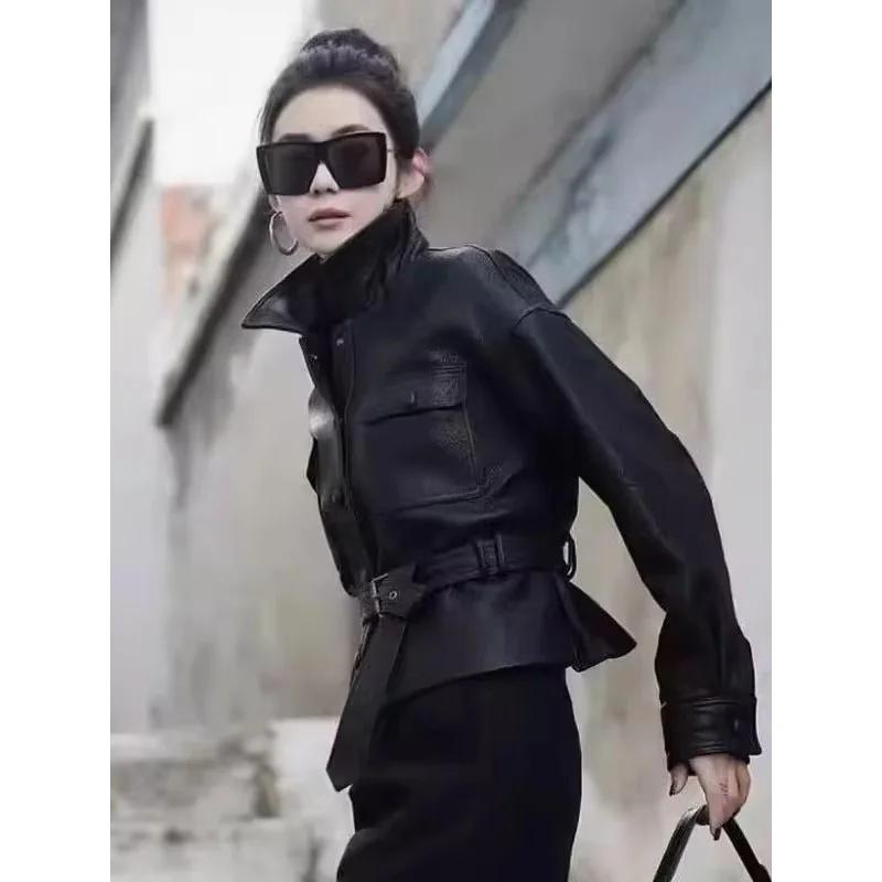 Giacca corta da donna in vera pelle di capra Primavera Autunno Colletto nero Capispalla elegante per donna