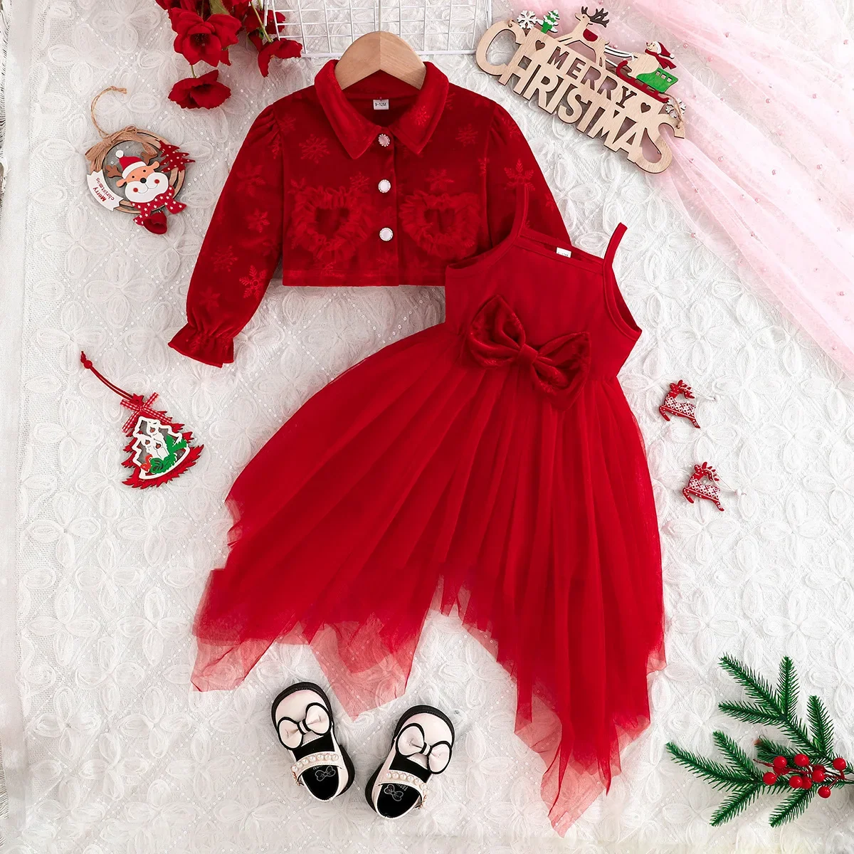 Girls Xmas Red Velvet Jacket Tulle Slip Dress 2Pcs Set Kids Christmas Winter Party Outfit New Year Gathering Green Costume ZYD47