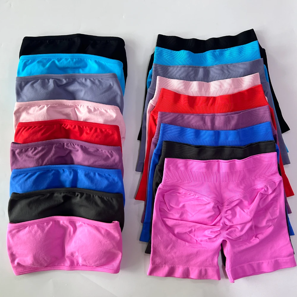 

No Logo 2 Pieces Yoga Set Women Backless Bandeau Sports Bra Scrunch Shorts Yoga Clothing Workout Clothes Outfits Sets Gym Set
