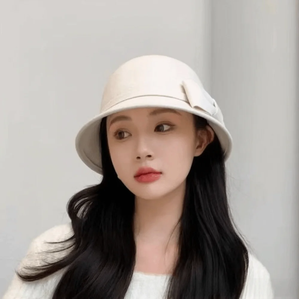 Modny kapelusz typu bucket hat z kokardą, jednolity kolor, styl francuski, płaski, damski kapelusz rybacki, ciepły, czarny, wełniany kapelusz typu bucket hat dla dziewczyn.