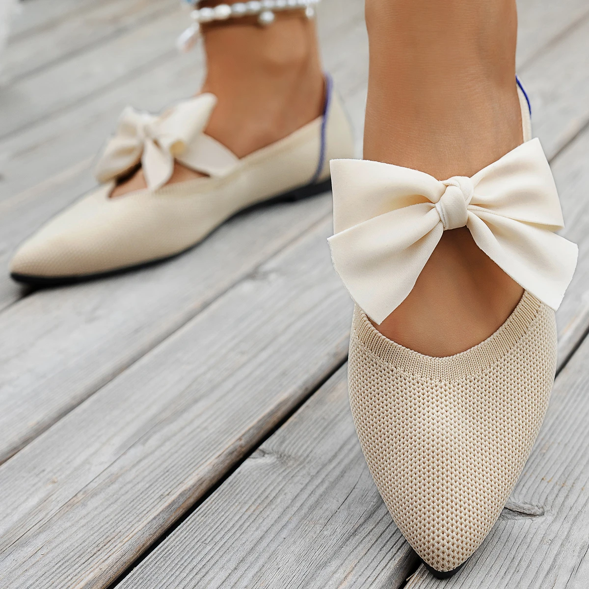 

Новые женские вязаные дышащие туфли с острым носком и низким вырезом, весенне-летние модные туфли-балетки с бантом