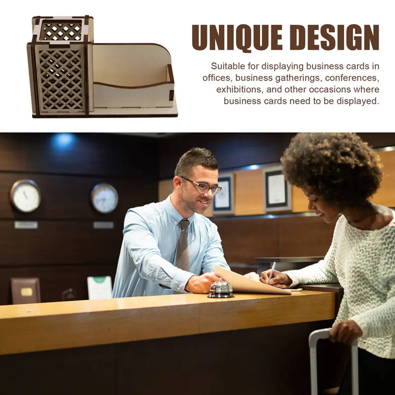 Wood Business Card Holder With Pen Slot Business Card Stand For Desk Wooden Display Office Tabletop
