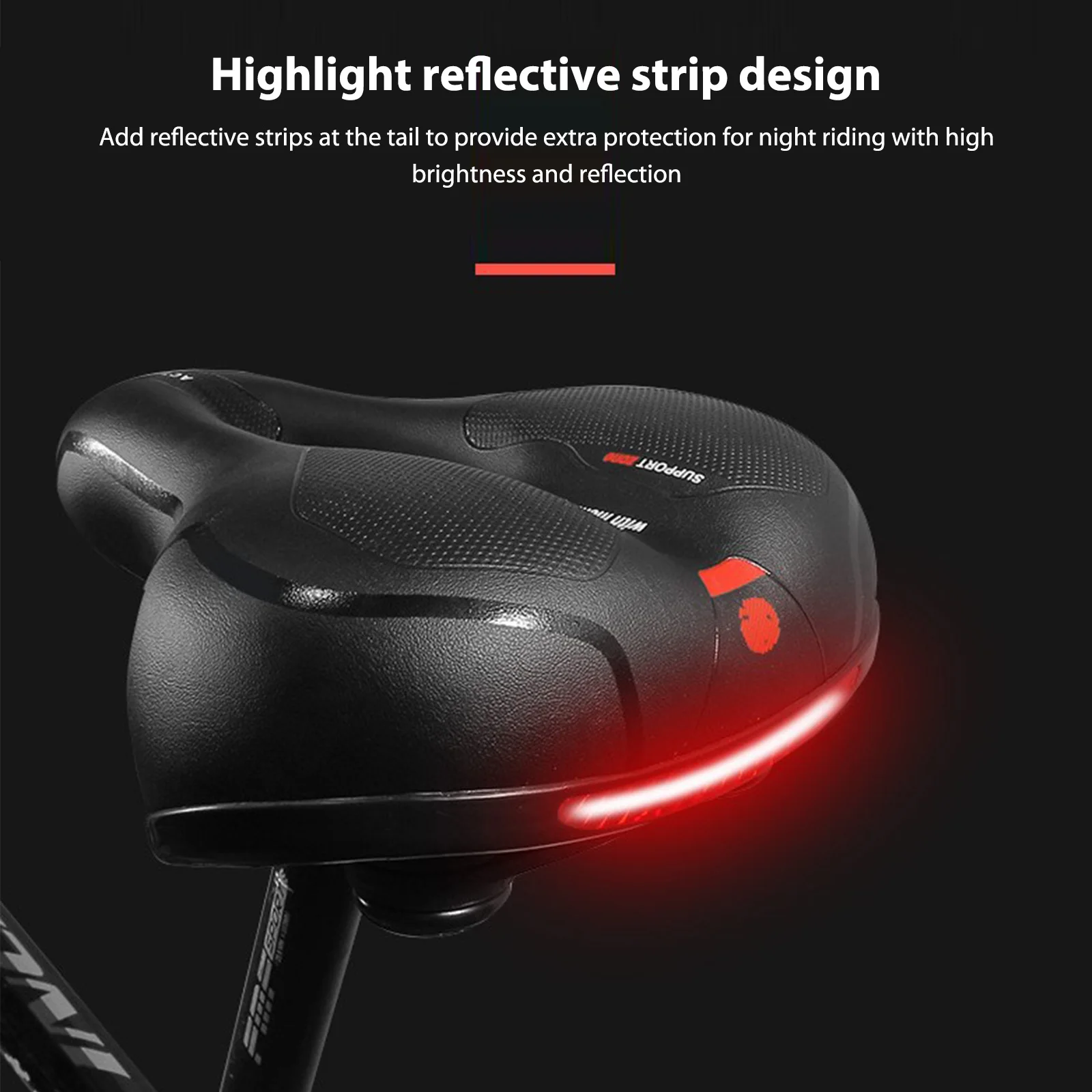 เบาะจักรยานหนัง PU แบบมีรูระบายอากาศ สำหรับจักรยานทุกประเภท พร้อมแถบสะท้อนแสงด้านหลัง ช่วยลดแรงกระแทก อุปกรณ์เสริมสำหรับการขี่