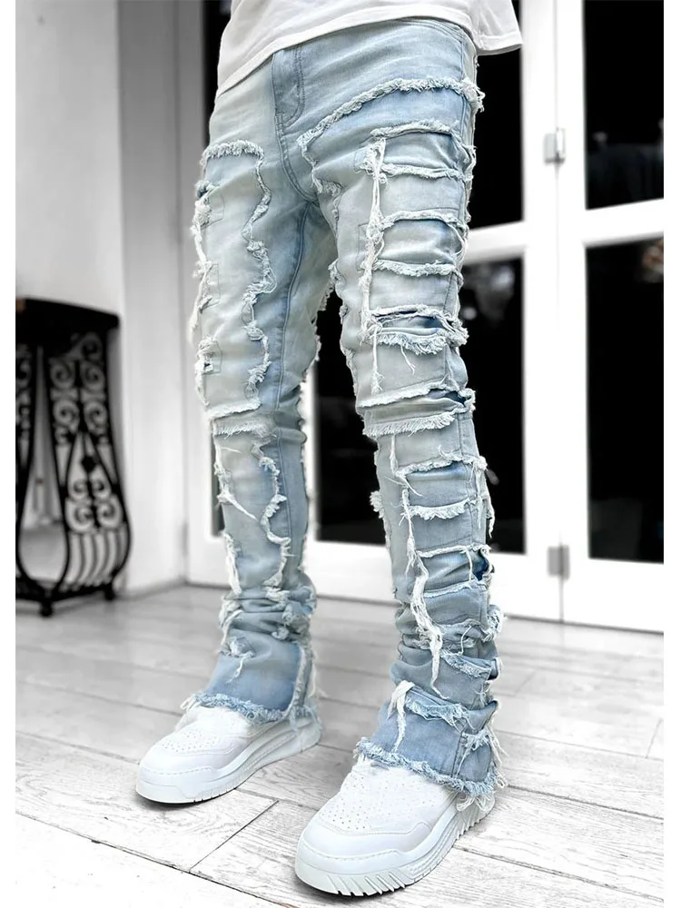 2023 New Streetwear Ripped Stretch Patch Jeans for Men high quality Straight Fit Long Jeans Fashion Men Clothes