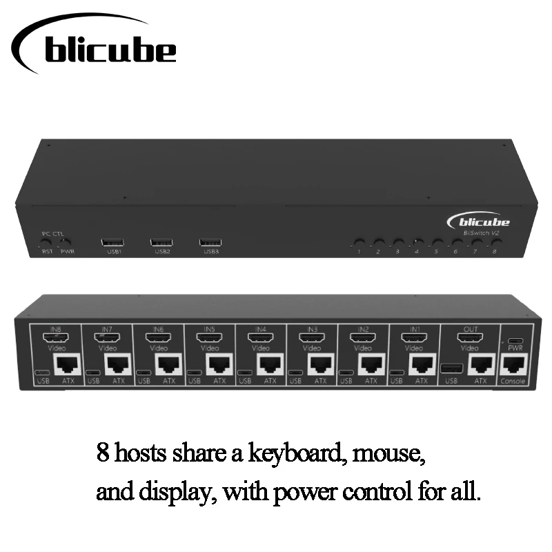 BLIKVM Switch v2 KVM ATX switch shared laptop eight port converter 8 in 1 out USB mouse keyboard display