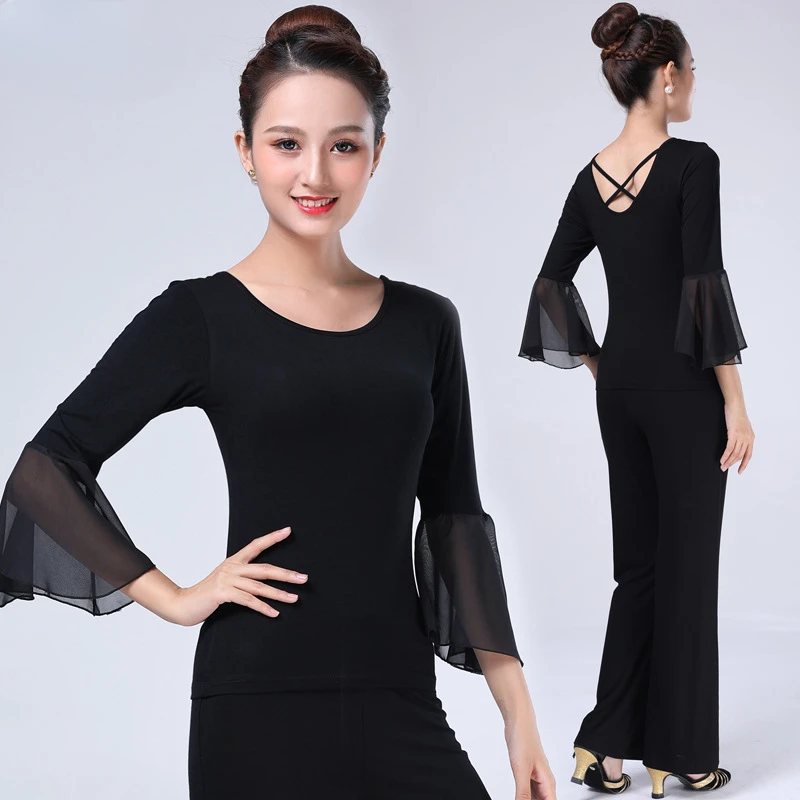 

Latin dance suit with flared sleeves slim fit top draped wide leg pants ballroom dress standard