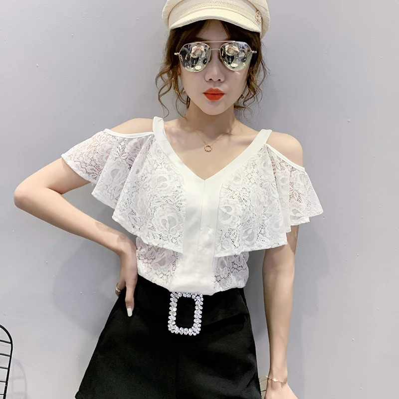 Lady Fashion Sexy Lace Splicing Black Off Shoulder T Shirts for Women Clothing Girls Vintage Tops Female Woman Nice Clothes 2