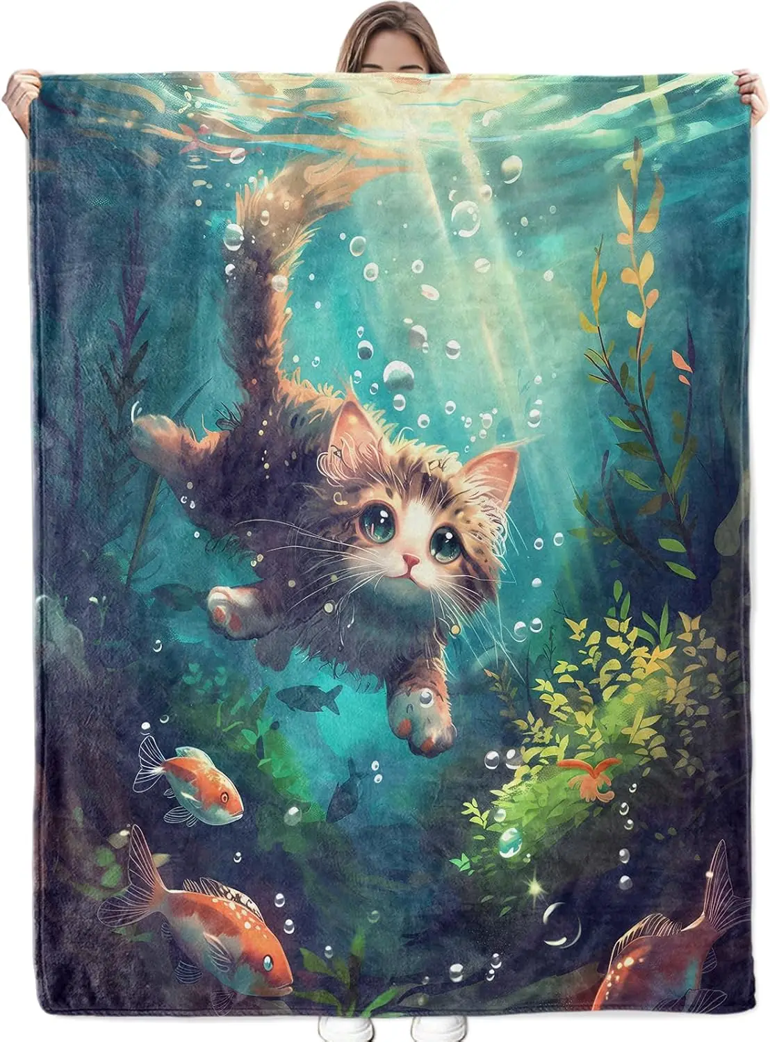 

Playful Cat Blanket - Ultra Soft, Fuzzy, Lightweight, Cozy & Warm Flannel Whimsical Underwater Cats Throw Blankets, Perfect for