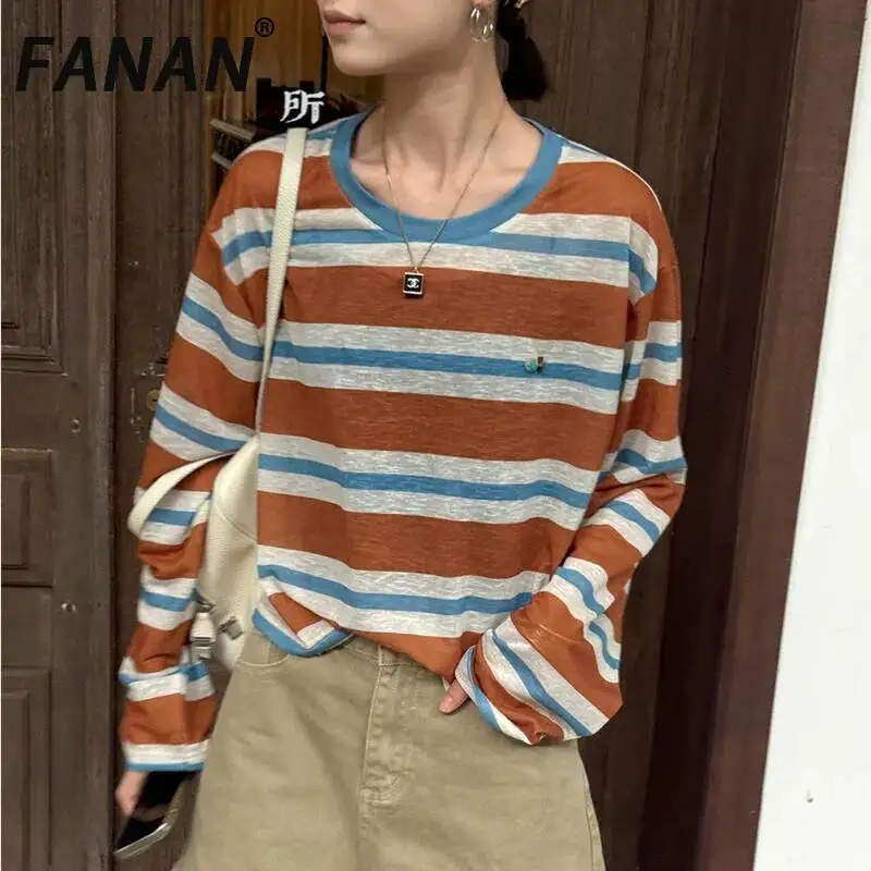 

FANAN Women's Striped Long Sleeve T-Shirt Summer Loose Thin Sheer Top Casual O-Neck Sun Protection Streetwear Oversized Tee