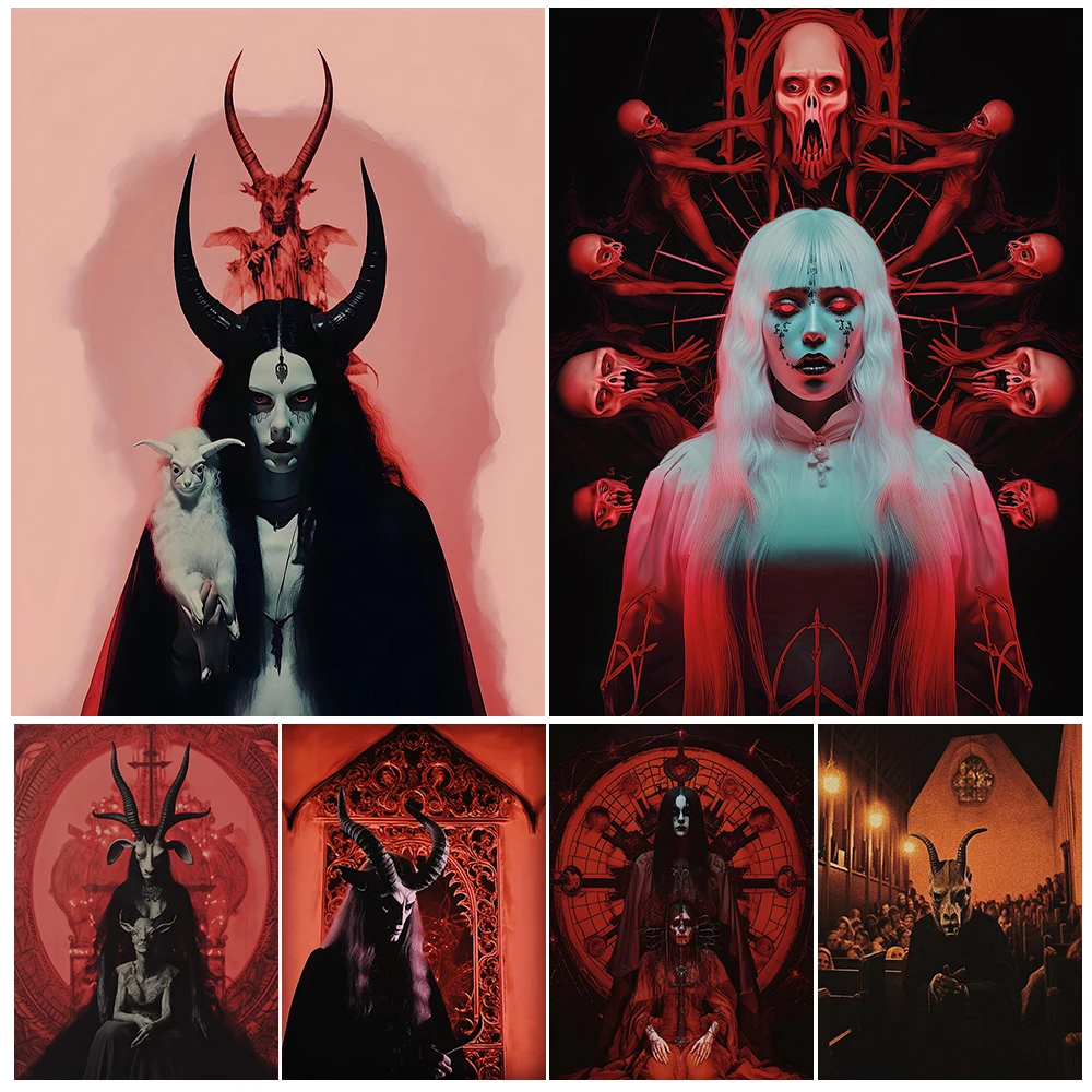 

The Evil Witch And The Horned Demon Fantasy Wall Art Canvas Painting Evil Devil Advocate Abstract Gothic Art Poster Print Decor