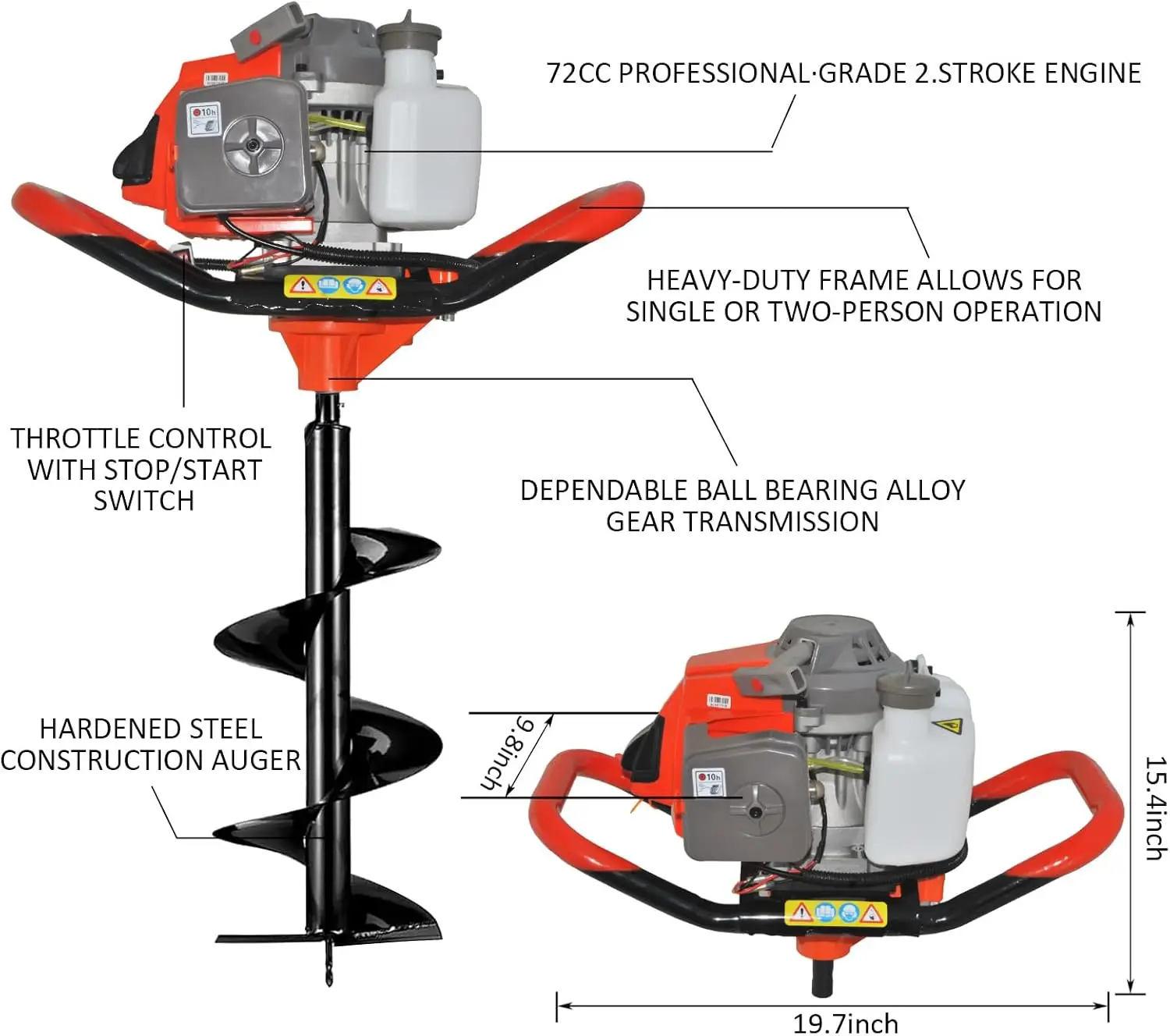 72cc 4HP Gas Powered Post Hole Digger, Gas Earth Auger/Ice Auger, with 4
