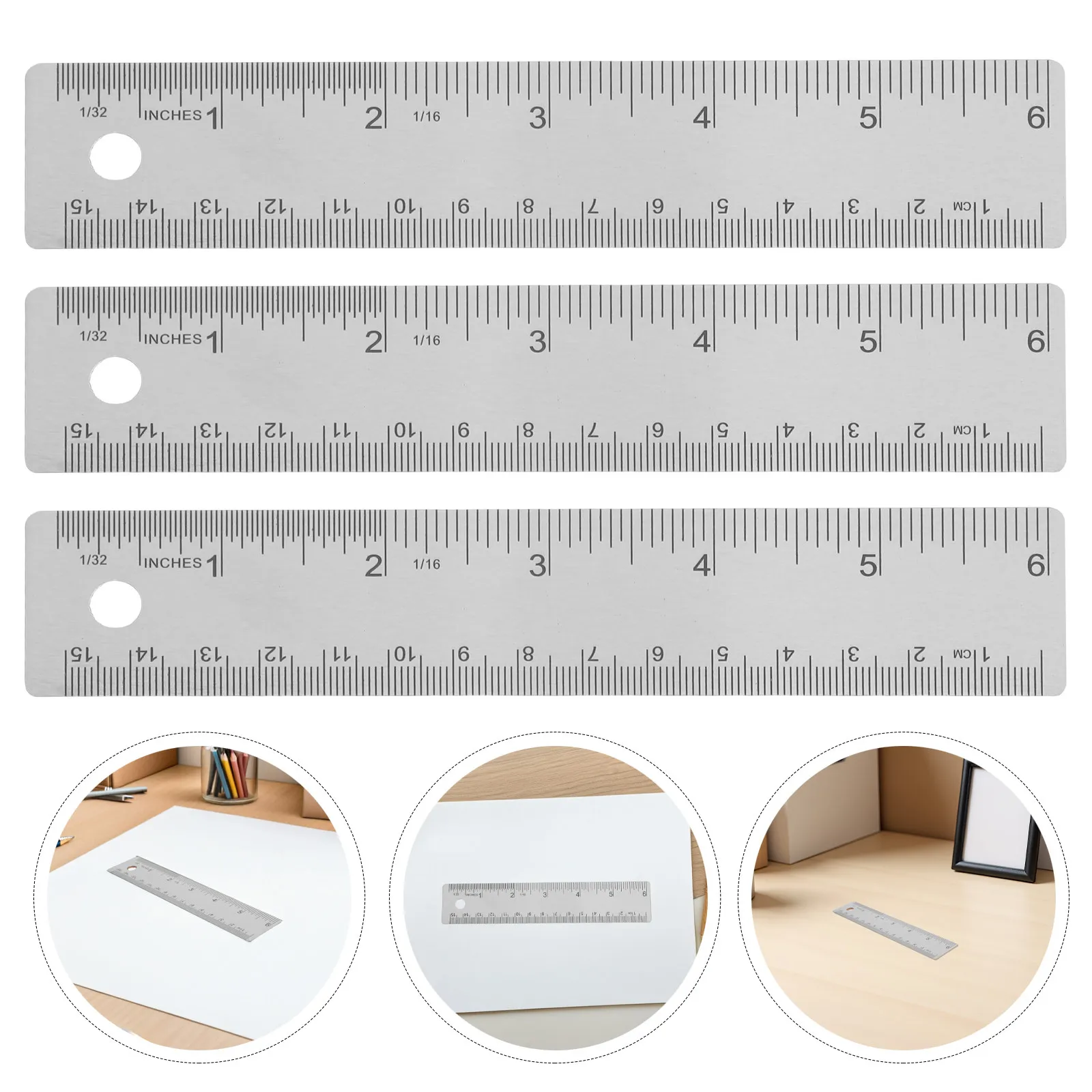 3Pcs Stainless Steel Ruler 6 Inch Cork Base Non Slip Metal Ruler Dual Scale Inch Centimeter for School Office Drafting Design