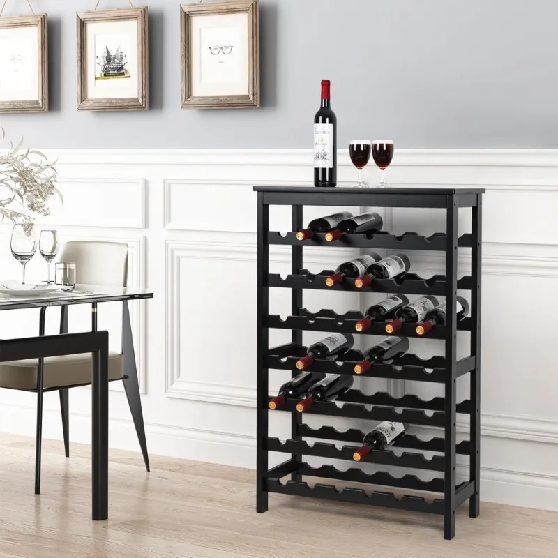 

7-Tier Bamboo Wine Rack Freestanding Floor Storage Shelf with Table Top for Kitchen Dining Room Bar Black