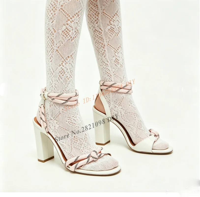 Knitted Knot Weave Twist Chunky Heeled Sandal Women Lace Up High Heel Ankle Wrap Summer Shoes