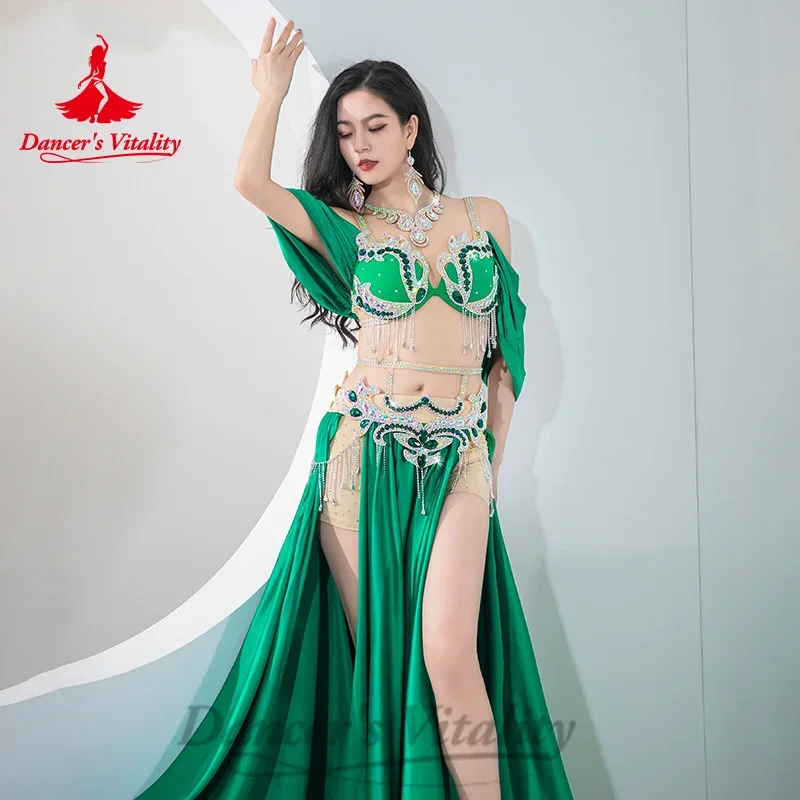 BellyDance Costumes Suit Women\'s Customized Diamond Tassels Bra+Satin Split Long Skirt 2pcs Oriental Dance Performance Costumes