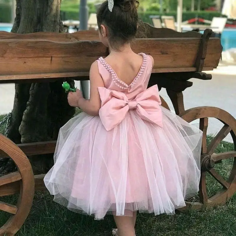 Robe en tulle rose pour filles, jolie robe fleurie pour mariages, perles simples et bon marché, longueur de thé, nœud pour bébé, anniversaire, fête d'anniversaire pour enfants