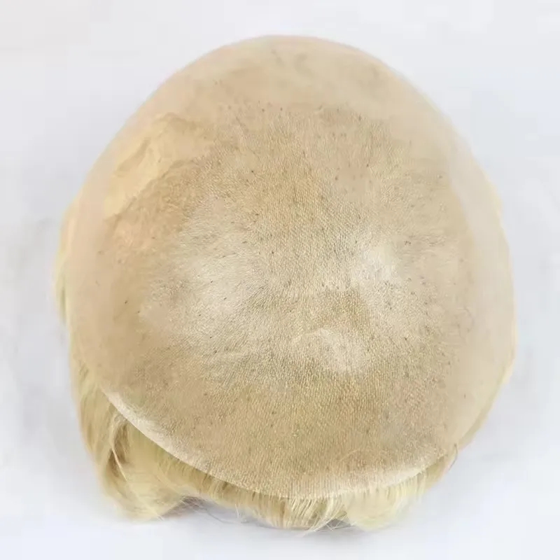 Natural Hairline Men's 20mm Curly Light Blonde 1b80 613# Hair Toupee Durable 0.06mm Thin Skin Grey 1b20 520# HumanHair Prosthesi