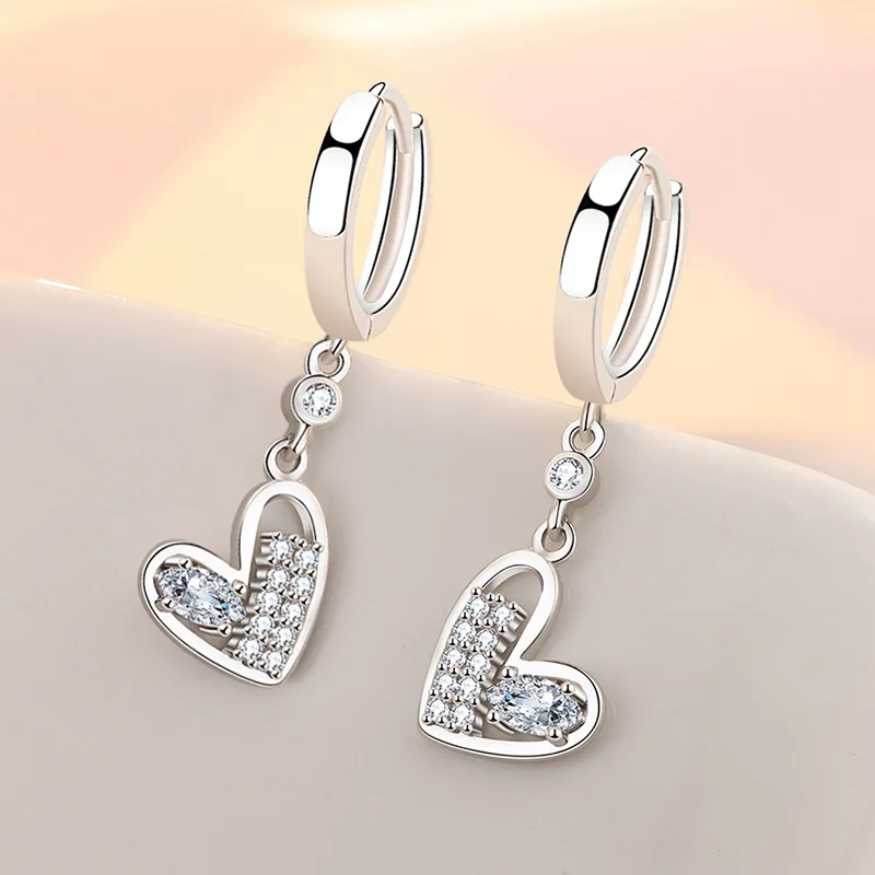 Delicate Solid 925 Sterling Silver White Heart-shaped Zircon Earrings for Women Promise Love Wedding Statement Bijoux Jewelry