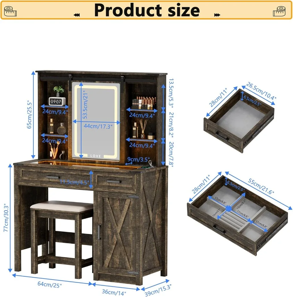 Tocador de maquillaje de granja con estación de carga, juego de tocador con taburete, espejo deslizante y 3 luces de brillo