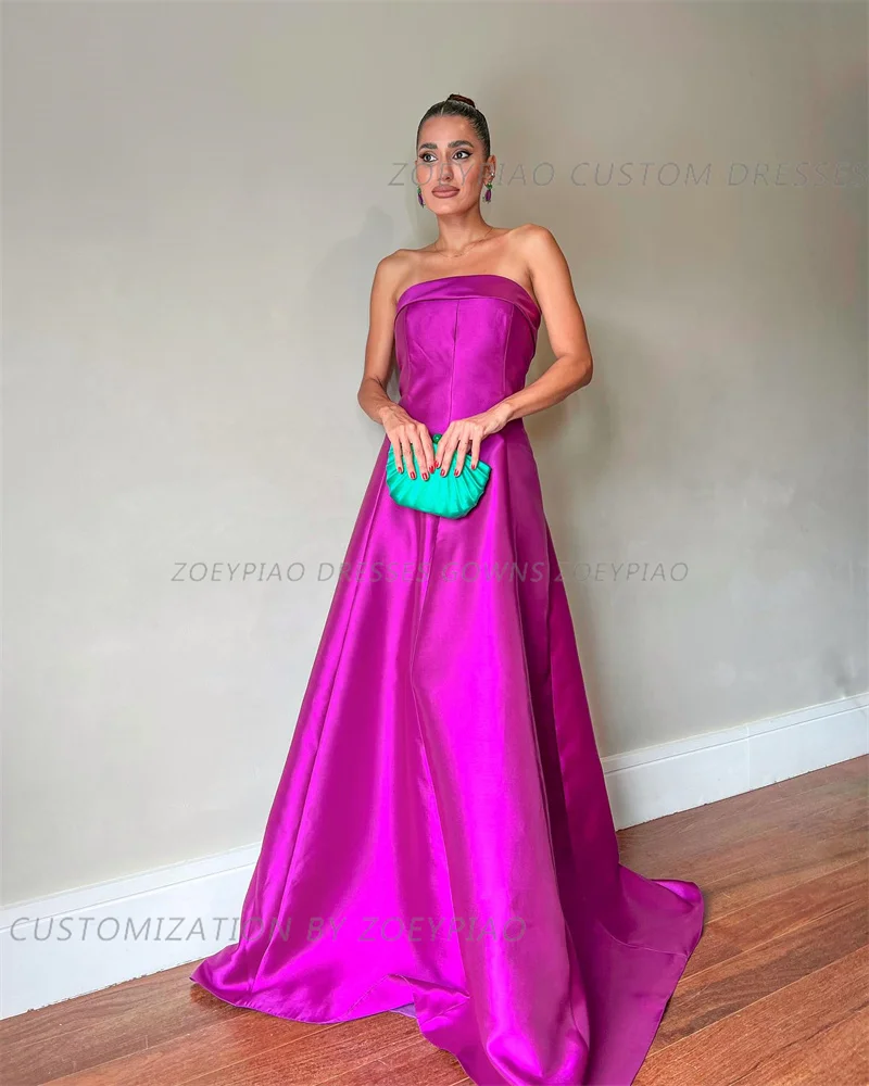 Vestidos de Fiesta de satén sin tirantes para mujer, de línea A vestido de noche, largo, sin mangas, Formal, Simple, para invitados de boda, fucsia, 2024