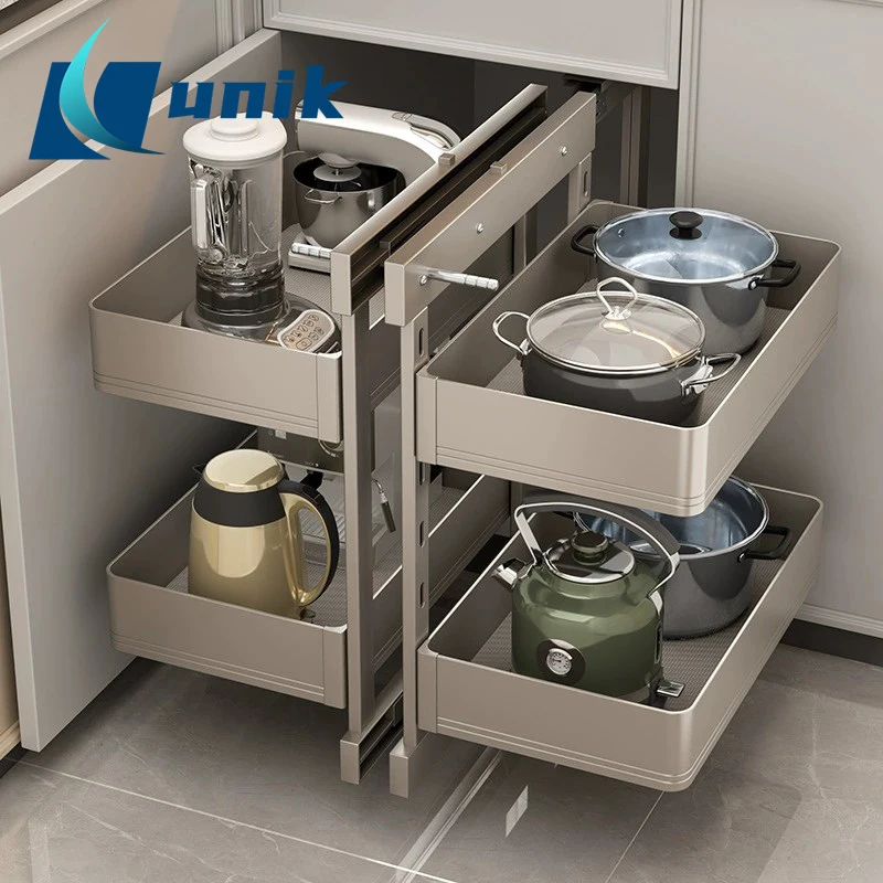Magic Corner Pull Out Basket Kitchen Cabinet Organizer Double Layer Drawer Style Storage Chrome Finish Soft Close