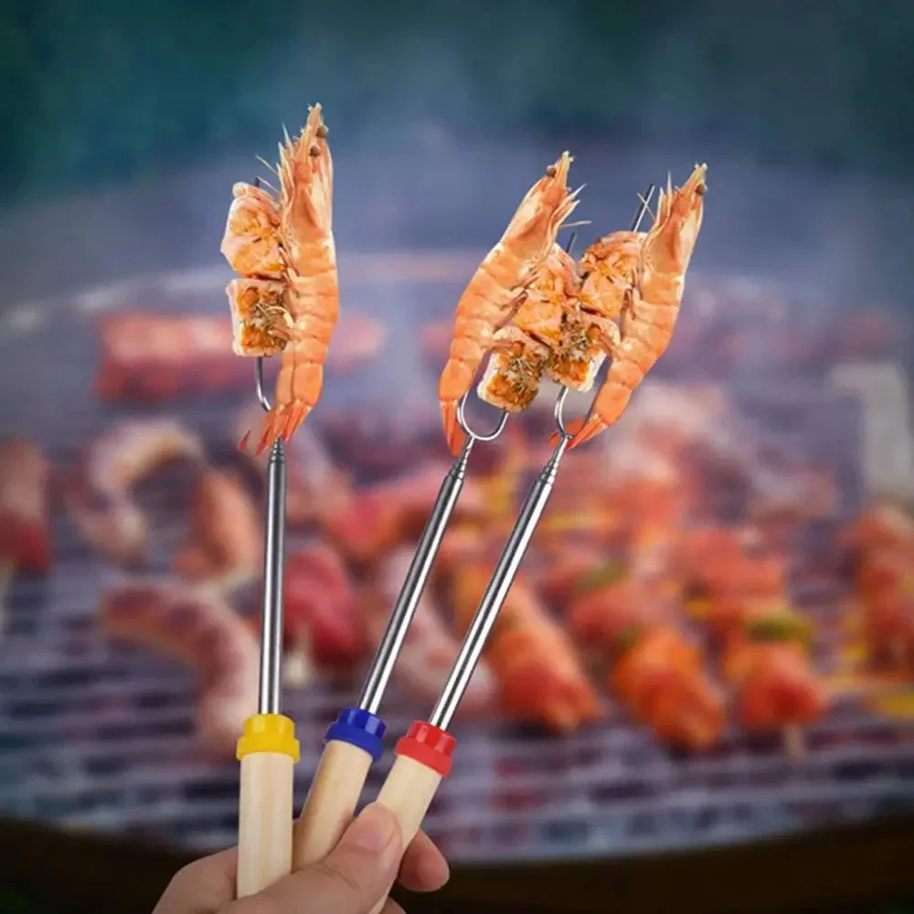 5 buah/Set garpu barbekyu Skewers pegangan kayu teleskopik luar ruangan pemanggang Stainless Steel Kemah tongkat BBQ Marshmallow dapat diperpanjang