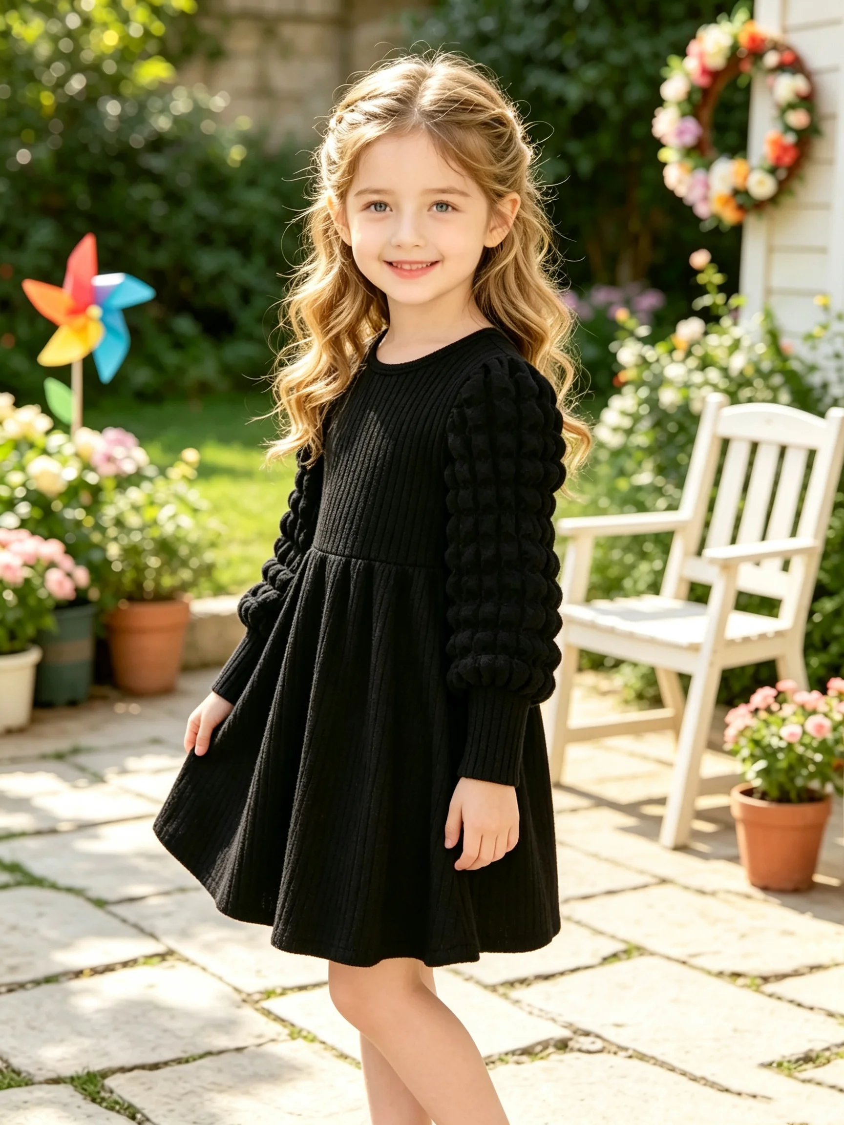 Kinder-Freizeitkleidung, modisches schwarzes Cordkleid mit Rundhalsausschnitt, Puffärmeln, langen Ärmeln und knielangem Prinzessinnenkleid. – Detail 2