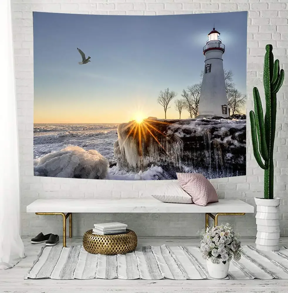 Lighthouse Tapestry Nautical Ocean Waves Rocks Seaside In Sunset Tapestry Wall Hanging Art Decor for Bedroom Living Room Dorm