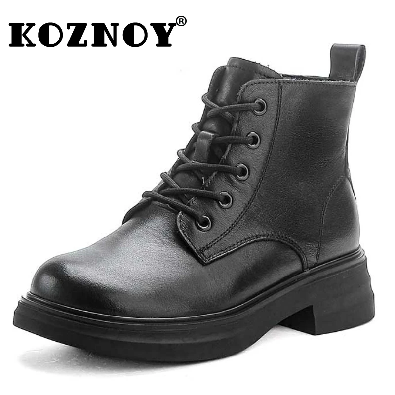 Koznoy 4cm Cow Genuine Leather Chimney Ladies Fashion Motorcycle ZIP Autumn Motorcycle Spring Ankle Booties Boots Women Shoes