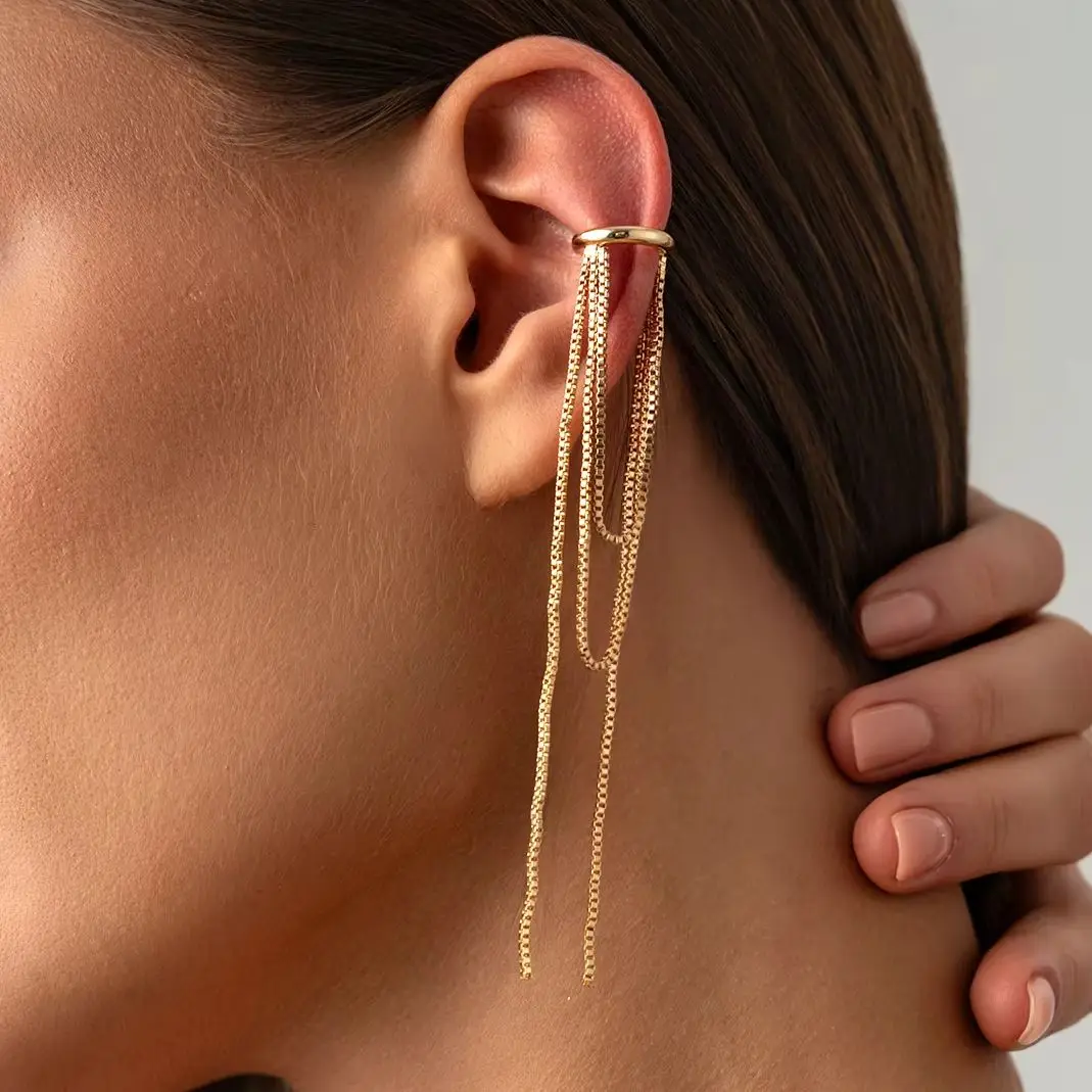 KunJoe 1Pc Long Tassel Ear Cuff Ear Clip Without Hole C Shape Earring Women Charms Gold Color Metal Daily Jewelry Accessory Gift