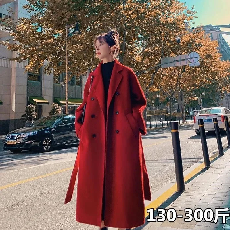 2024 Autumn/Winter New Korean Edition Loose and Versatile 300kg Women Woolen Coat Fat MM Woolen Coat Woolen Red Coat Solid Color