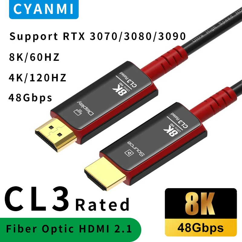 CYANMI 8 k60hz HDMI 2.1 kabel światłowodowy, 4 k120hz w ścianie HDMI 48Gbps CL3 kabel znamionowy HDR/eARC/HDCP2.3 dla PS5 PS4 pulpitu AMD HP