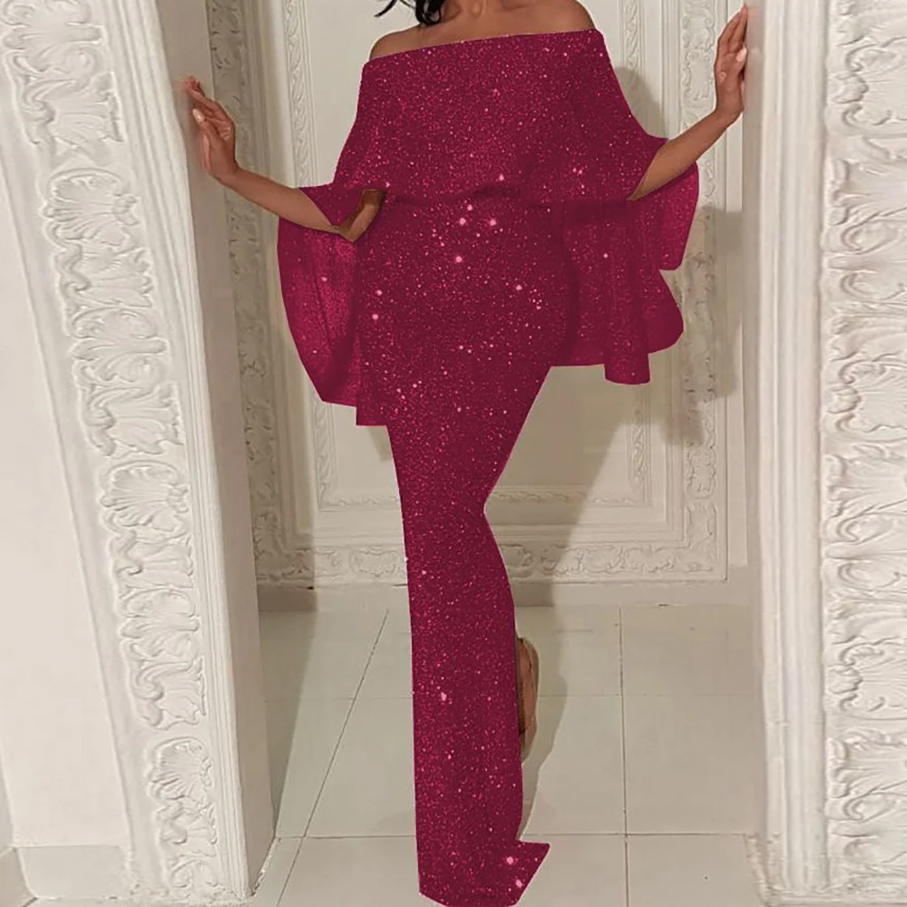 

Women Elegant Sequins Luxurious Evening Dress One-Shoulder Short Sleeve Dress Split High Waist Female Party Wedding Maxi Dresses