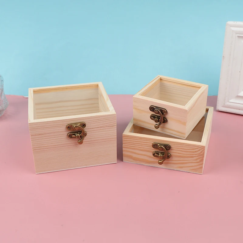 1PC Wooden Storage Box Plain Wood With Lid Multifunction Square Hinged Craft Gift Boxes For Home Supply Storage Decoration